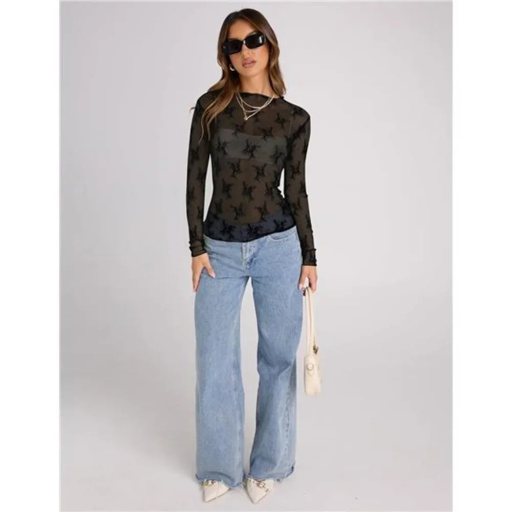 Womens Mesh Long Sleeve Top Sheer Blouse Sexy See Through Tee Shirt Lace